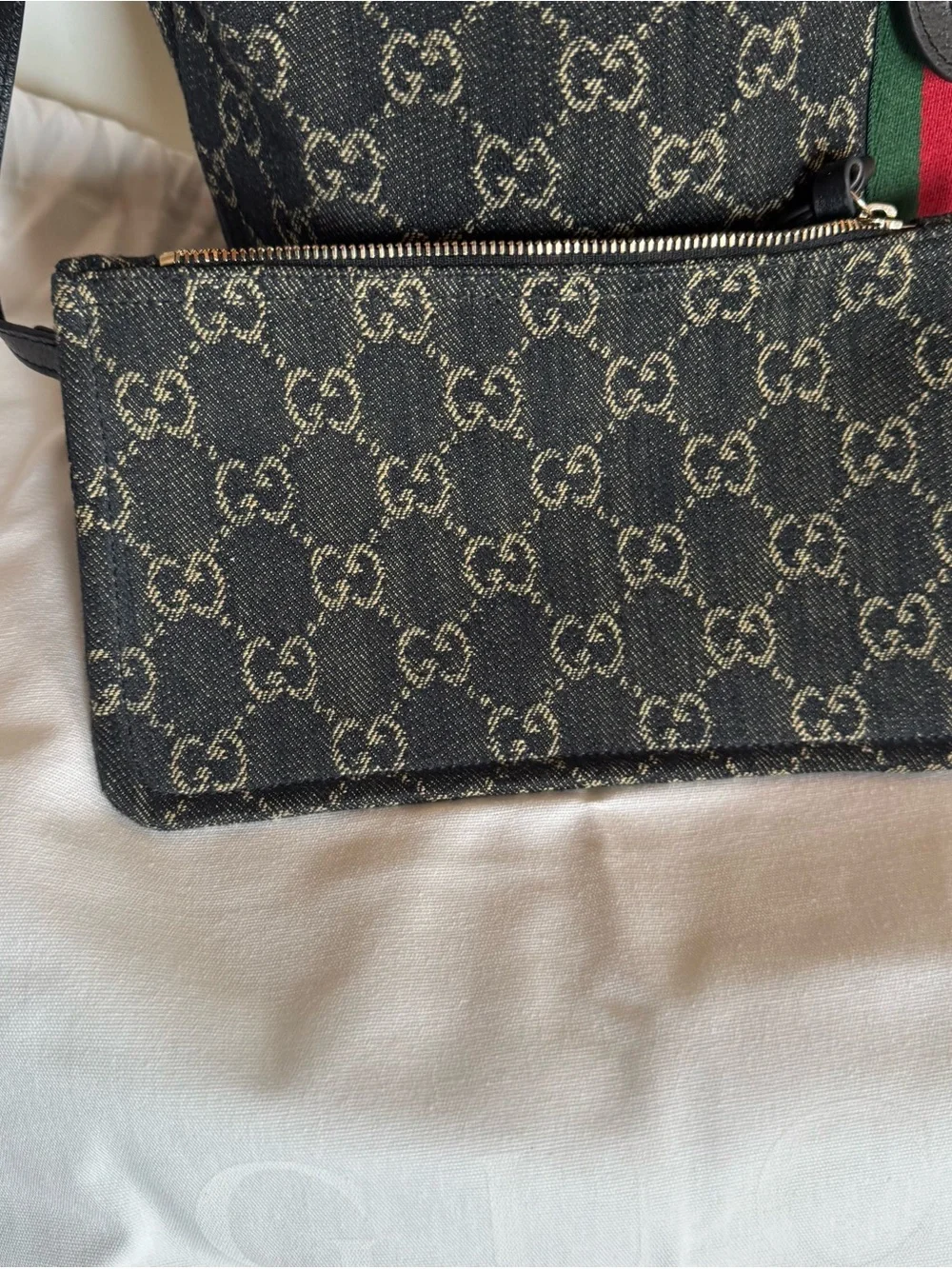 Gucci Black Denim Giglio Canvas Tote with Green-Red Stripe - Picture 6 of 11
